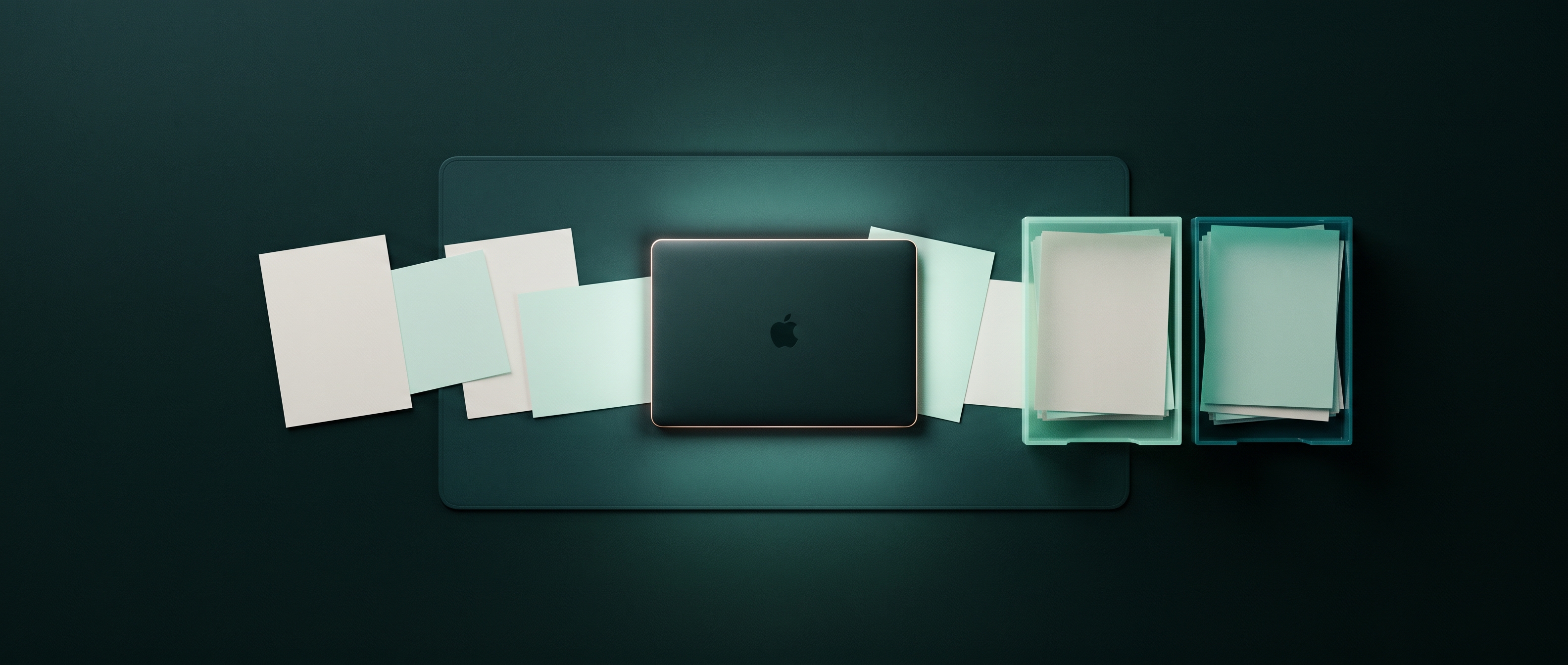 A calm overhead deep-teal desk scene where a scatter of unlabeled paper documents flows into neat sorted stacks in folder trays beside a Mac laptop, a quiet metaphor for files organizing themselves