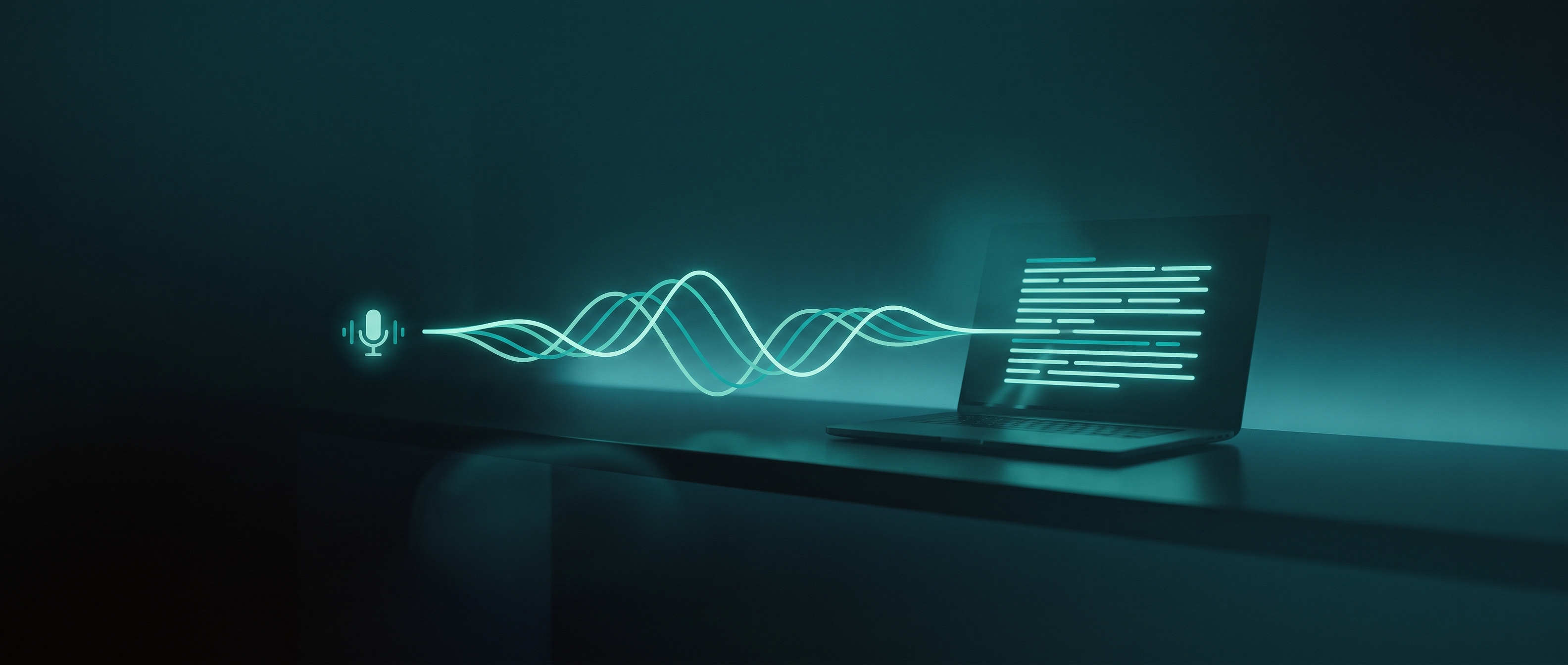 A calm deep-teal desk scene with a Mac laptop where a soft voice waveform flows from a small microphone icon into typed lines of text on the screen, a quiet metaphor for speech becoming writing without leaving the machine