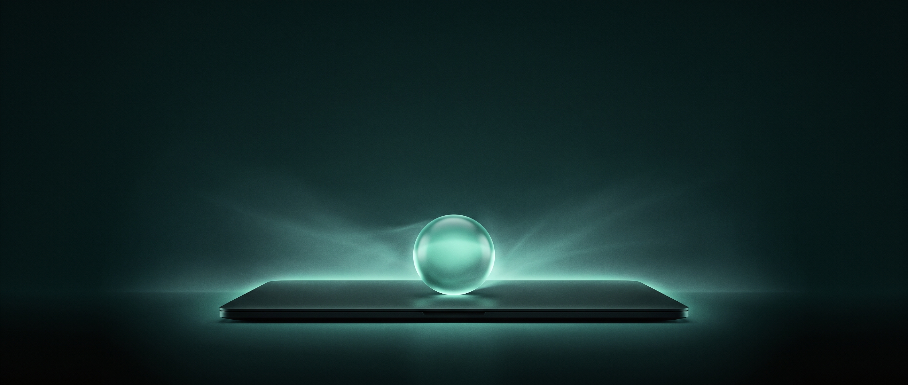 A single glowing orb of intelligence resting on a laptop deck, with empty space above it where a cloud would be