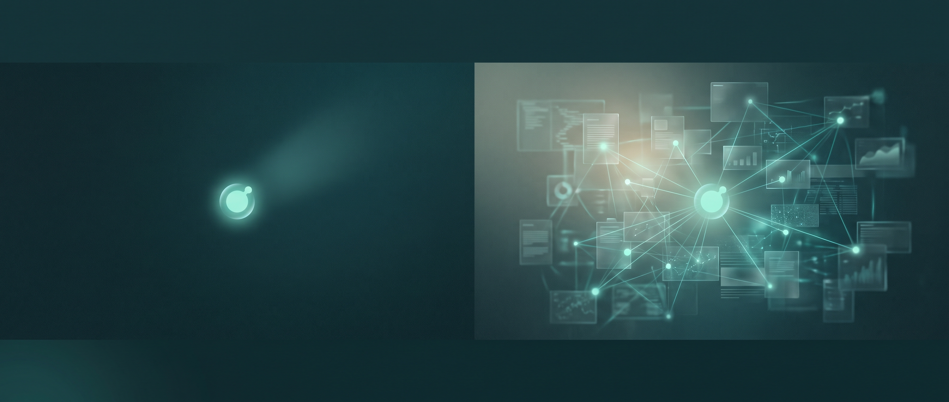 On the left a lone glowing node answering into empty space; on the right a node wired into a dense constellation of documents and context