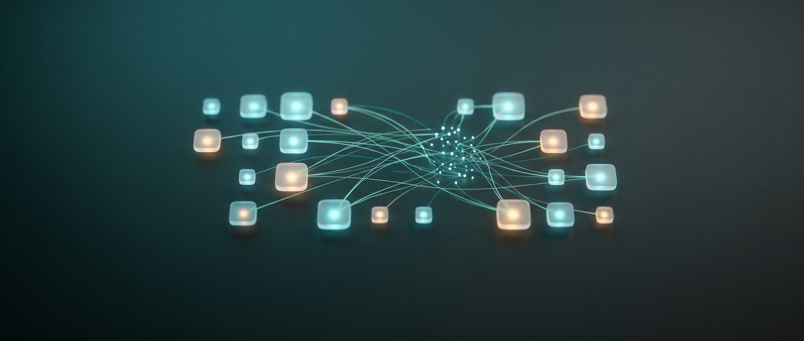 A calm deep-teal surface with several small glowing tiles of different sizes arranged in a grid, each tile mapping a short phrase to a cluster of points, a quiet metaphor for turning text into local vectors