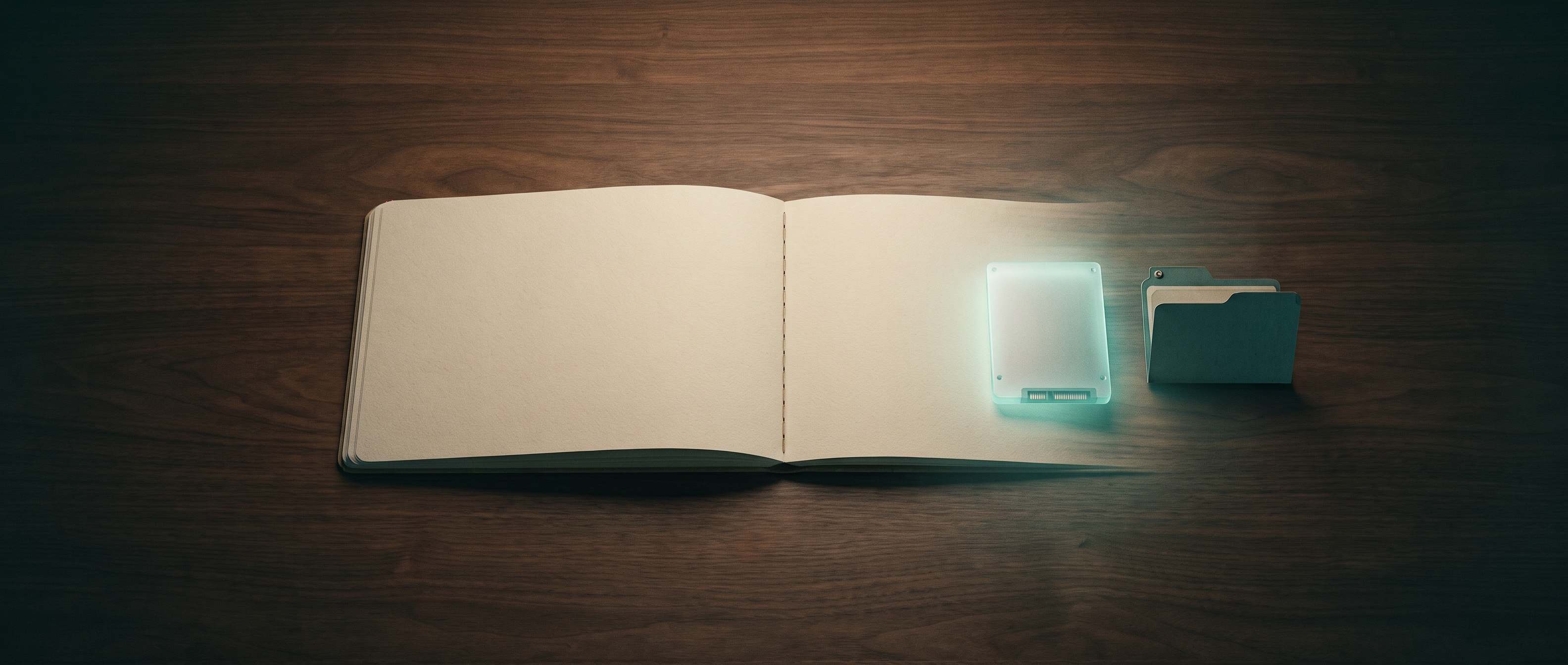 A desk with an open notebook whose pages turn into a private local drive, glowing softly, with no cloud above it