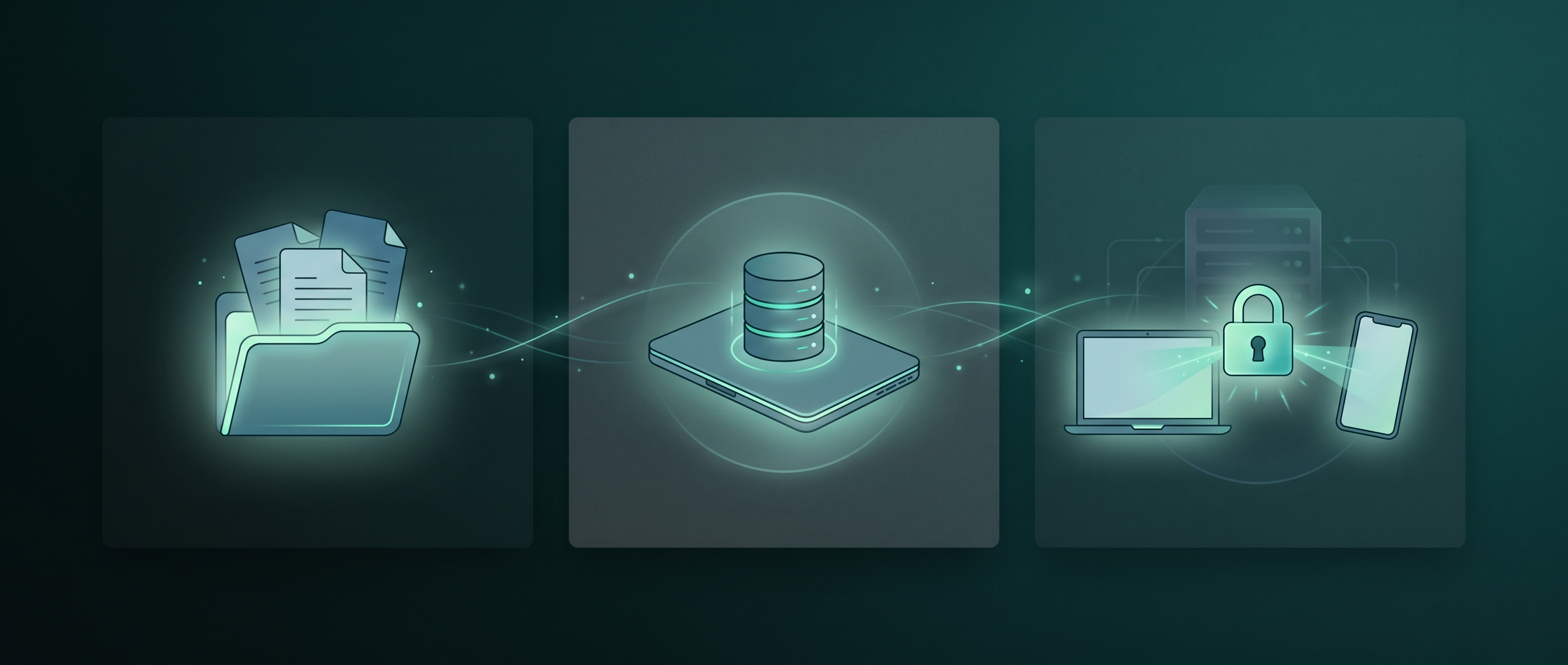 Three tiers shown left to right: plain Markdown files in a folder, a private local database, and two devices syncing through a lock that a server cannot open
