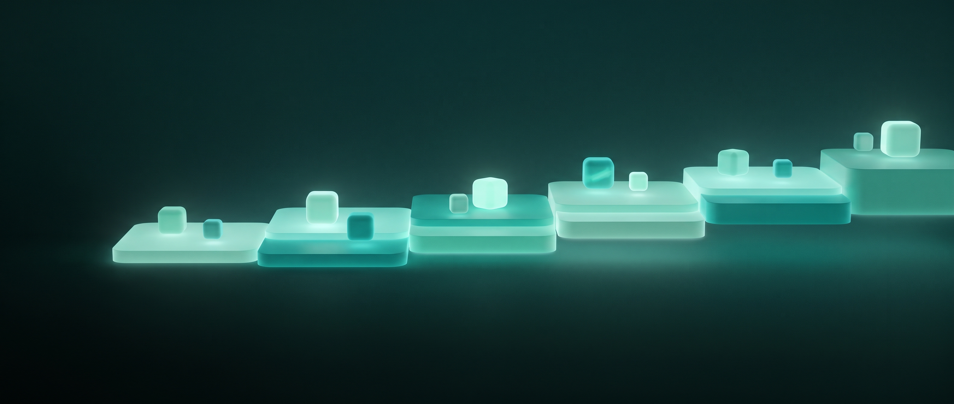 Glowing tiered platforms on a calm deep-teal surface, small luminous cubes resting on the different levels, a quiet metaphor for local AI apps ranked by tier and running on your own machine