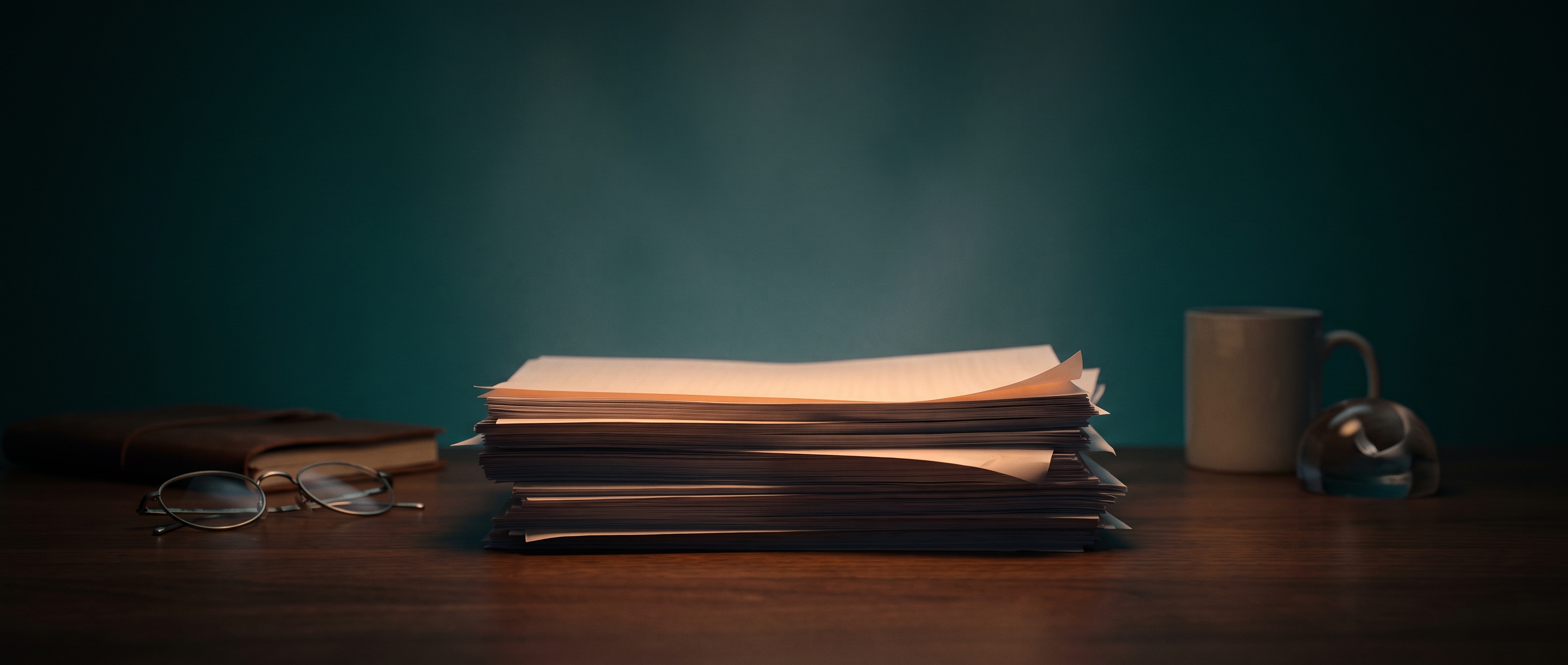 A stack of private documents sitting on a desk, with a soft glow of intelligence over them and no cloud in sight
