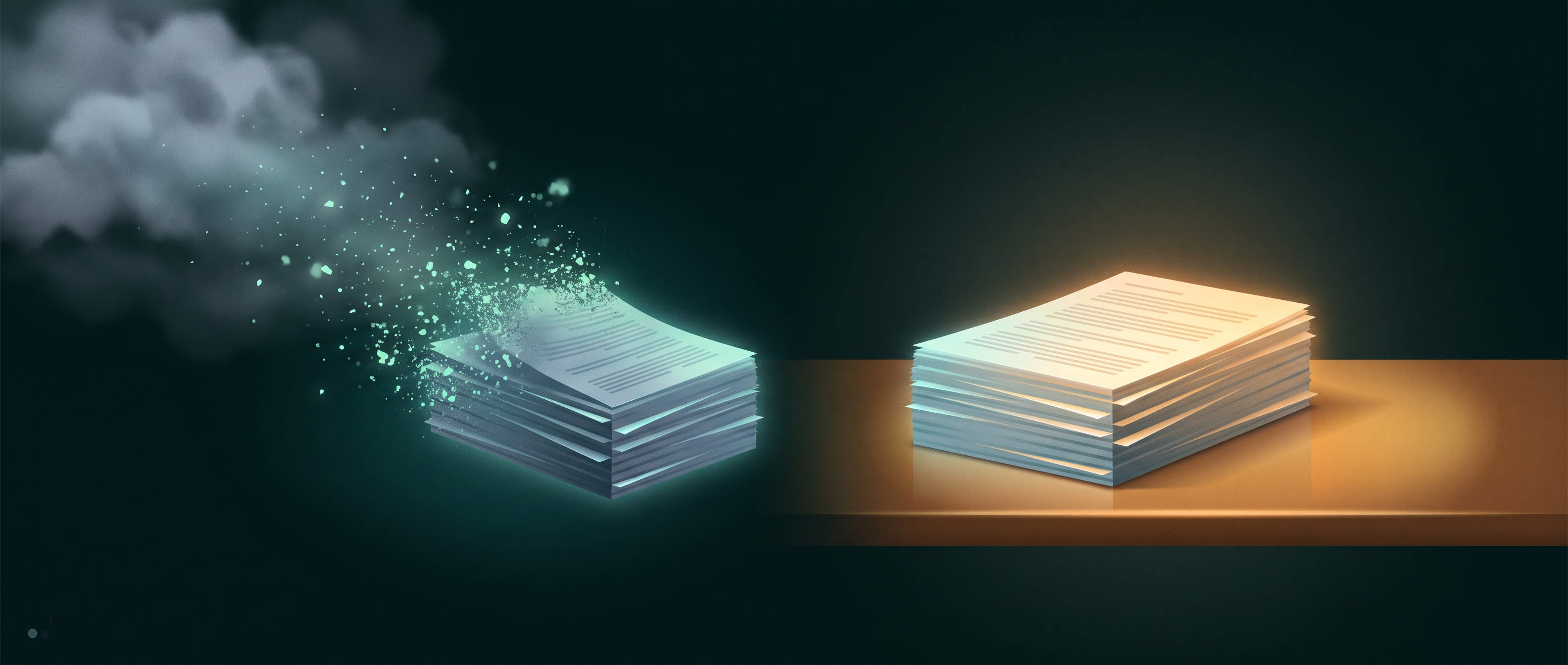 A split illustration: on the left a document dissolving into particles and drifting away into a distant cloud, on the right the same document sitting intact on a desk under a warm reading light
