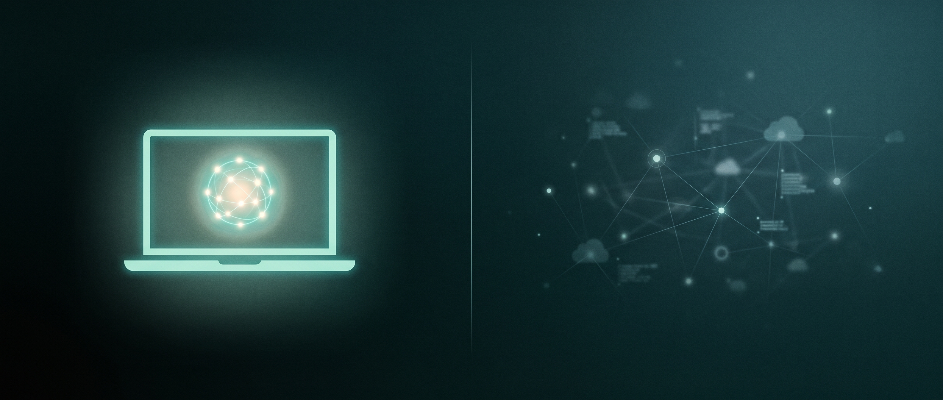 On the left a single glowing core held inside the outline of a laptop, private and self-contained; on the right a faint distant network of cloud nodes receding into cooler space, a quiet metaphor for keeping retrieval on your own machine versus sending it away