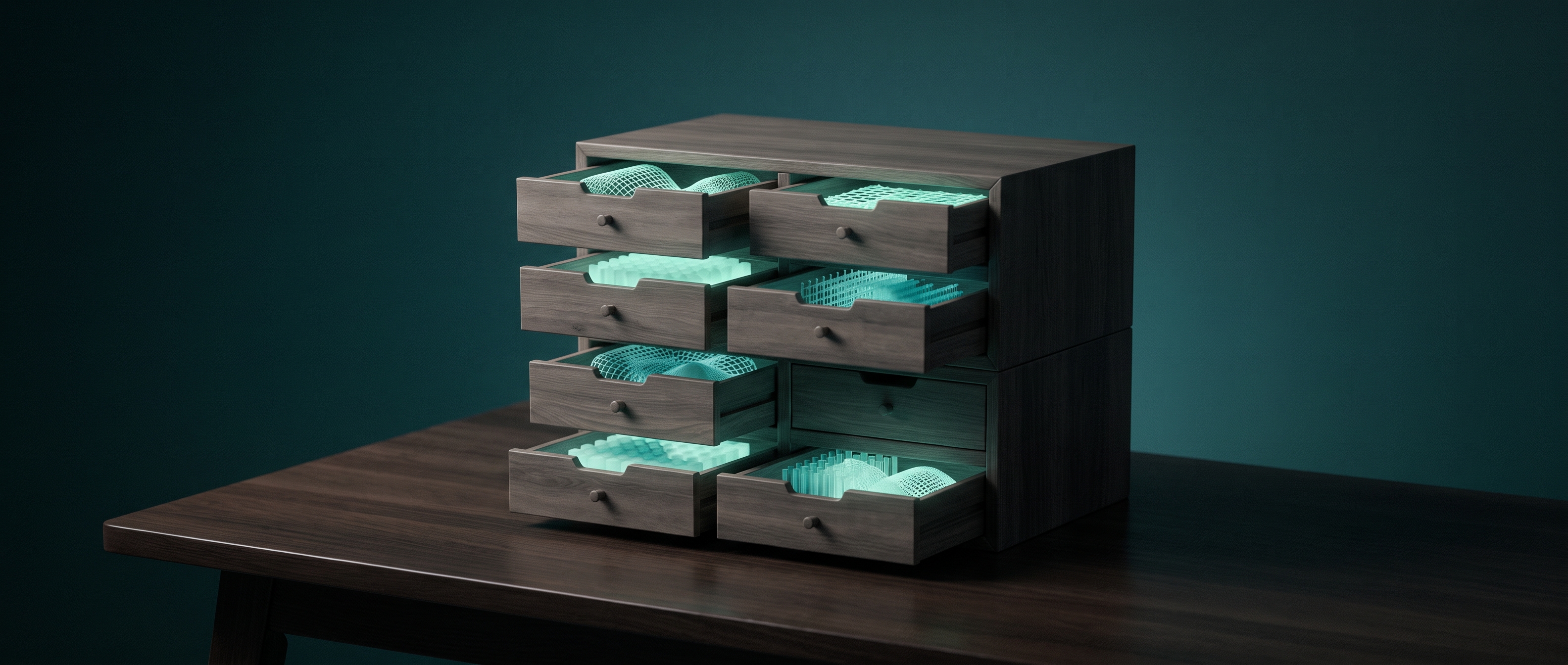 A stack of labelled drawers on a single desk, each drawer holding a different shape of index, a quiet metaphor for choosing an embedded vector store that lives on one machine