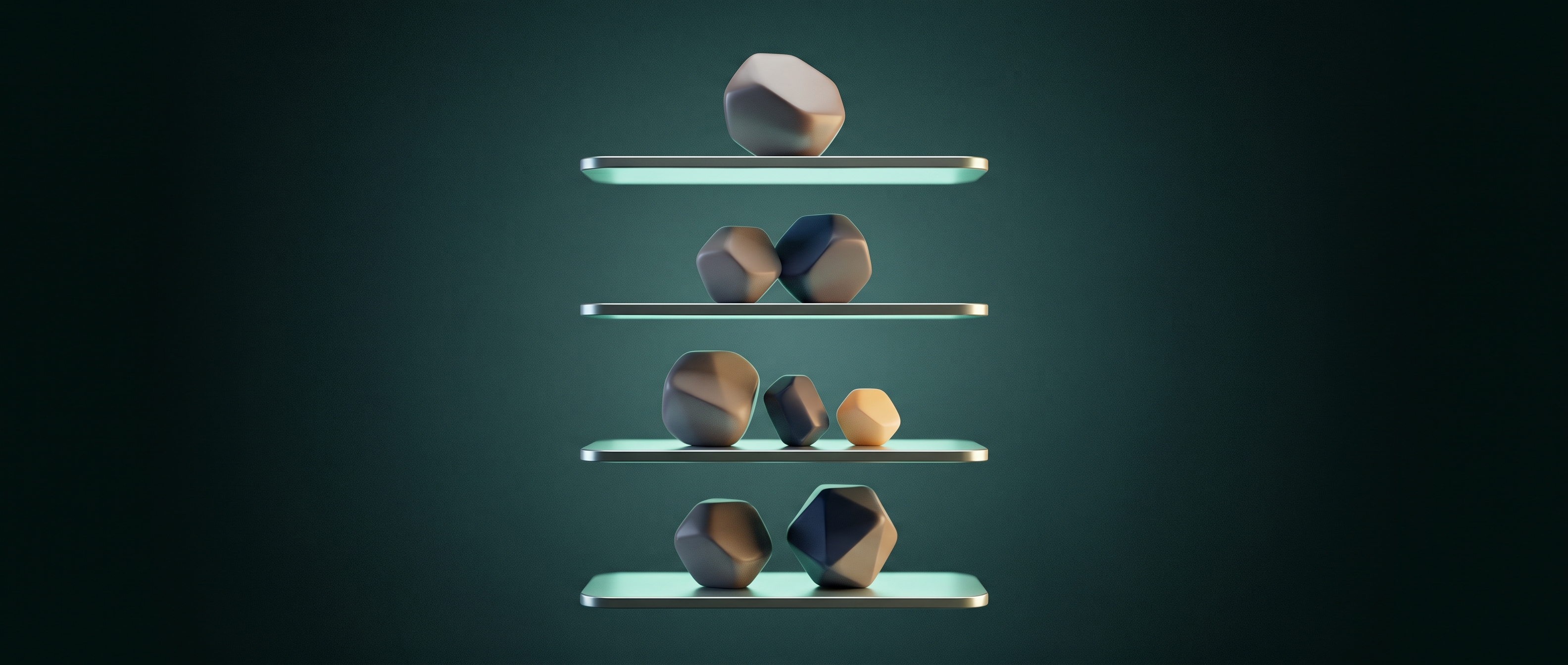 Four floating glass shelves stacked vertically, holding one, two, three and two smooth geometric objects from top to bottom, a quiet illustration of the S, A, B and C tiers described in this post
