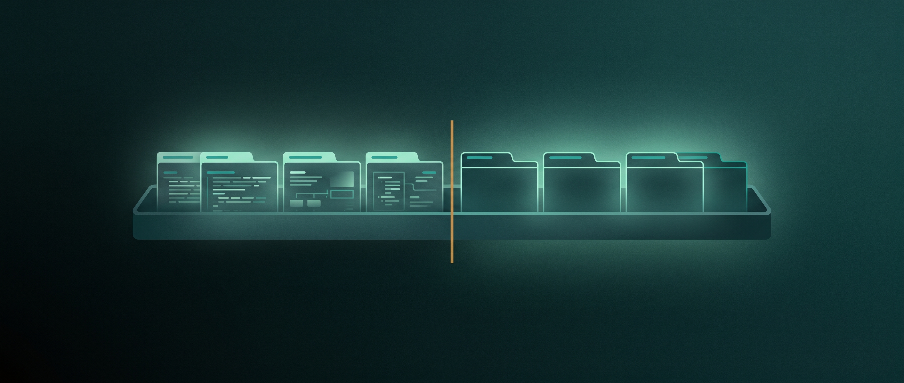 A row of labelled index cards standing in a shallow tray on a deep teal surface, the tray marked with a hard edge partway along its length; the cards before the edge are fully readable while the cards past it have had their text cropped away, leaving only their titles