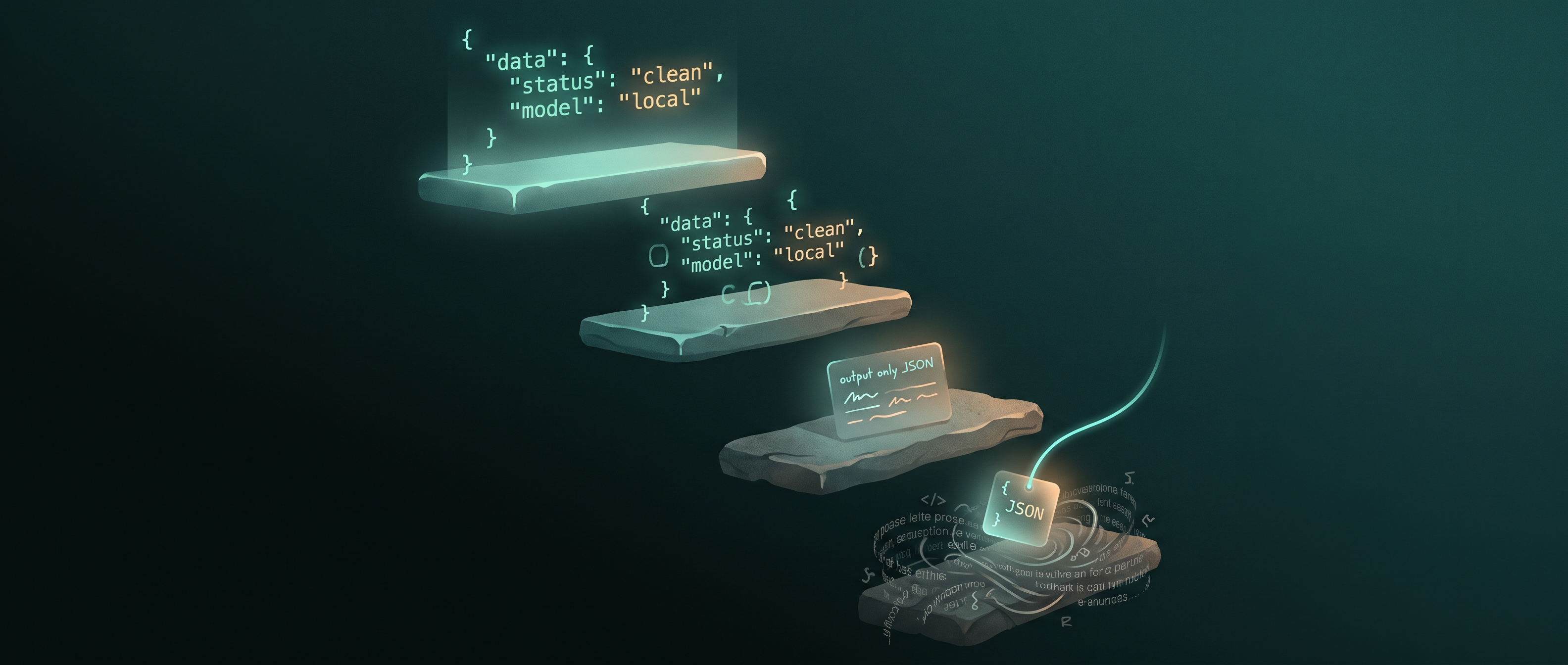 Four descending stone rungs on a deep teal surface, each carrying a fragment of a JSON object. The top rung holds a crisp complete object, the second a well formed but looser one, the third a hand written note reading output only JSON, and the bottom rung a tangle of prose with a small clean object being lifted out of it