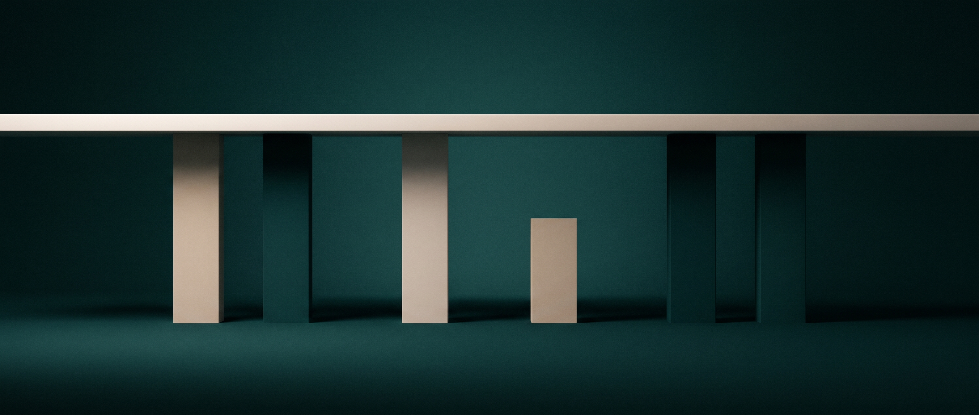 A wide teal wall with a single horizontal ledge running across it, and beneath the ledge a row of vertical bars of different heights, each stopping short of the ledge by a different amount; the ledge is unlabelled and unbroken, and no bar touches it