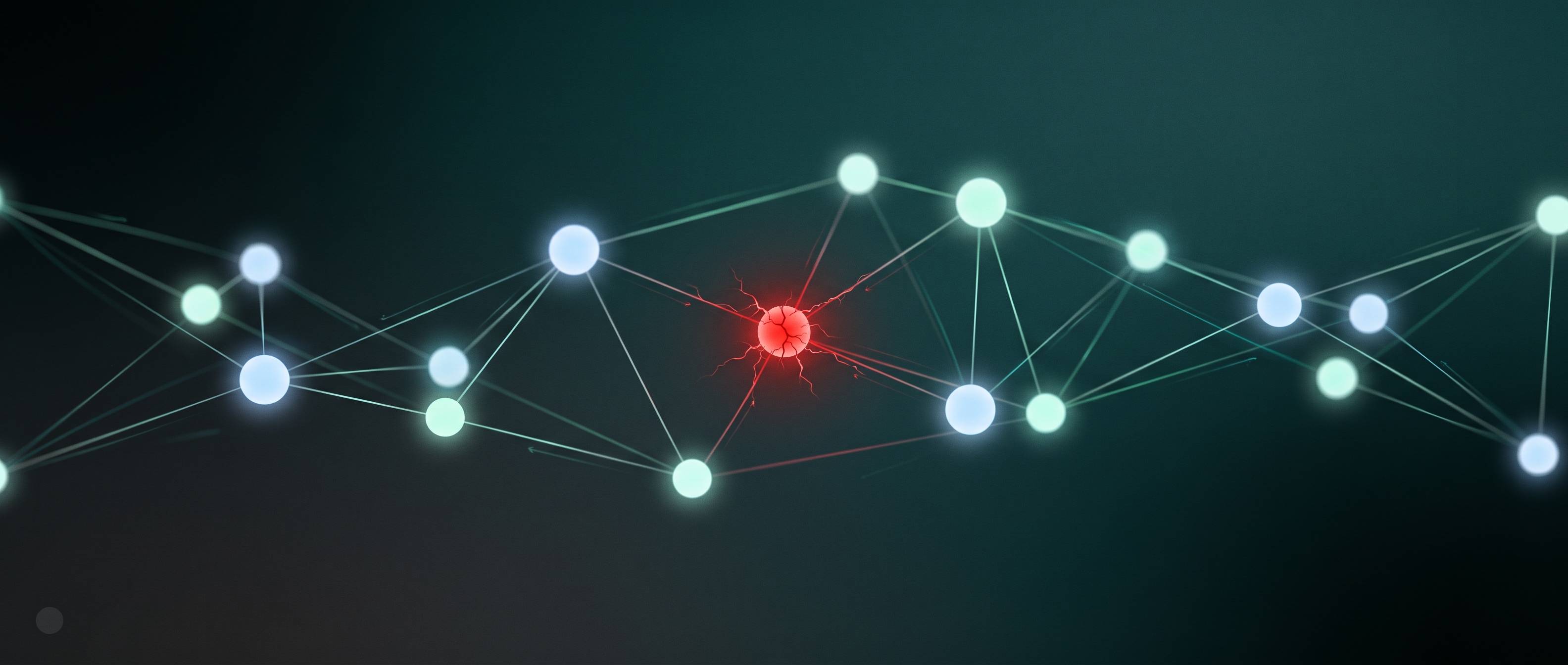 An abstract memory graph with one corrupted red node among trusted blue nodes